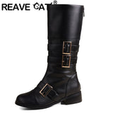 cold weather outfits Amfeov Classic Women Riding Boots Round Toe Thick Heels Zipper Belt Buckle Big Size 46 47 48 Casual Retro Mid Calf Daily Bota