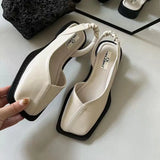 Amfeov Fashion Ladies Elastic Band Flat Heel Women Summer Elegant Ladies Sandals Shallow Party Shoes Square Heel Square Toe