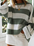 christmas outfit Amfeov Long Sleeves Loose Contrast Color Striped Round-Neck Pullovers Sweater Tops