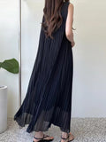 Amfeov Loose Comfy Tie Waist Pleated Dress