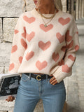 christmas outfit Amfeov Long Sleeves Loose Heart Print Jacquard Split-Joint Round-Neck Pullovers Sweater Tops