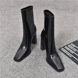 Amfeov Brand Women Shoes 2024 New Black Patent Leather Fashion Square Toe Women's Boots Comfor Thick Heel Ladies High Heel Ankle Boots