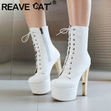 cold weather outfits Amfeov Women Ankle Boots Round Toe Ultrahigh Heel 15cm Platform Hill 5.5cm Lace Up Size 46 47 Fashion Booty