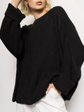 christmas outfit Amfeov Long Sleeves Loose Solid Color Split-Joint Round-Neck Sweater Tops