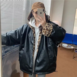 cold weather outfits Amfeov Double-Sided Wear Leopard Slippers Thickened Plush Jacket Women's Winter New Style Hong Kong Flavor Vintage PU Leather Cotton-Pa