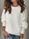 christmas outfit Amfeov Long Sleeves Loose Buttoned Solid Color Split-Joint Round-Neck Pullovers Sweater Tops