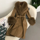 cold weather outfits Amfeov 2024 New Women's Leather Jacket With Fox Fur Collar Long Fashionable Elegant Waist-Fitted Sheepskin Overcoat For Autumn/Winter