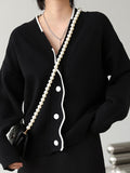 christmas outfit Amfeov Casual Loose Long Sleeves Buttoned Contrast Color V-Neck Cardigan Tops