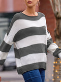 christmas outfit Amfeov Long Sleeves Loose Contrast Color Striped Round-Neck Pullovers Sweater Tops