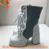 cold weather outfits Amfeov Mixed Color Women Ankle Boots Toe Chunky Heels Platform Hill Lace Up Splice Size 46 47 Fashion Bota