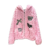 cold weather outfits Amfeov Trendy Brand Cute Pink Rhinestone Bear Jacket With Hoodie Autumn/Winter High Definition Genuine Leather Coat Handmade Embroidery