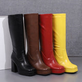 cold weather outfits Amfeov Women Knee High Boots Toe Block Heels 10cm Platform 2.5cm Big Size 43 Concise Female Bota