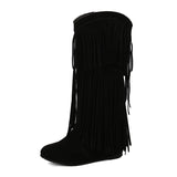 cold weather outfits Amfeov Women Mid Calf Boots Round Toe Increased Heel Fringe Flock Suede 46 47 48 Slip On Fashion Dating Bota