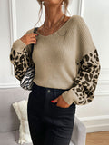 christmas outfit Amfeov Loose Puff Sleeves Leopard Split-Joint V-Neck Sweater Tops