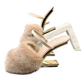 Amfeov Fashion Women Fur Slippers Sexy Peep Toe Gladiator Sandals Dress Pumps Spring Summer Strange Heel Mules High Heel Wedge Shoes