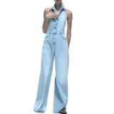 cold weather outfits Amfeov Women's Denim Jumpsuit with Hanging Neck Single Breasted Design Fashionable and Sexy Temperament Hanging Back New