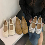 Amfeov 2024 Autumn Women Flat Shoes Fashion Pleated Round Toe Shallow Slip on Ballet Shoes Flat Heel  Soft Ballerina Mary Jane Shoes