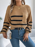 christmas outfit Amfeov Long Sleeves Loose Contrast Color Pockets Split-Joint Round-Neck Pullovers Sweater Tops