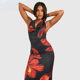 Amfeov Elegant Dress Long Summer Sexy Halter Print Chic Backless Evening Women Party Night Club Holiday Bodycon Dress 2024