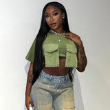 Amfeov Fashion Cargo Pockets Green T-Shirts Women Casual O-Neck Short Sleeve Slim Crop Tops 2024 Summer Female Tees Streetwear