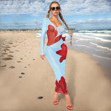 Amfeov Floral Print Mesh Long Dress Summer Women See Through Long Sleeve Pullover Dresses Beach Sexy Skinny Sundress 2024 Women