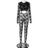 Amfeov Sexy Summer Women Jumpsuit: See Through Mesh Hollow Out Long Sleeve Leggings Jumpsuits Women Spring