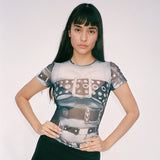 Amfeov Summer Graphic Tee Shirt Y2K 2000S Fashion Women Streetwear Mesh Print Crop Tops