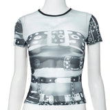 Amfeov Summer Graphic Tee Shirt Y2K 2000S Fashion Women Streetwear Mesh Print Crop Tops