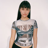 Amfeov Summer Graphic Tee Shirt Y2K 2000S Fashion Women Streetwear Mesh Print Crop Tops