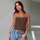 Amfeov Summer Ins Solid Square Collar Strapless Backless Top Women 2024 Folds Shrring Bottom Slits Slim Crop Top