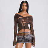 Amfeov Summer See Through Mesh Bandage Crop Top Streetwear Women Sexy Hollow Out Long Sleeve Shirts Trendy Fashion Style