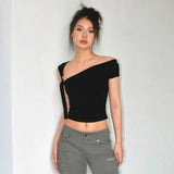 Amfeov Summer T-Shirts Women Sexy Folds Sweet Irregular Bandage Design Slim Chic Skew Collar Crop Tops Aesthetic Club Korean S