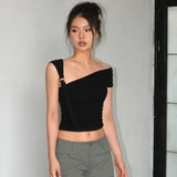 Amfeov Summer T-Shirts Women Sexy Folds Sweet Irregular Bandage Design Slim Chic Skew Collar Crop Tops Aesthetic Club Korean S