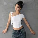 Amfeov Summer T-Shirts Women Sexy Folds Sweet Irregular Bandage Design Slim Chic Skew Collar Crop Tops Aesthetic Club Korean S