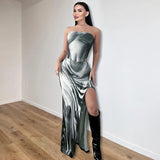 Amfeov Summer Women Sexy 3D Body Print 2 Piece Set Strapless Bodysuits High Slit Long Skirts Sleeveless Outfits Club Streetwear