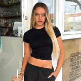 Amfeov 2024 Summer Fashion New Short Sleeve T-Shirt Women Solid Simple Casual Soft All-Match Hot Basic Crop Tops Tees