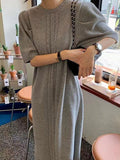 Amfeov Vintage Textured Short Sleeves Long Slit Sweater Dress