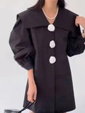 Amfeov Navy Neck Flower Button Balloon Sleeve Shirt Dress