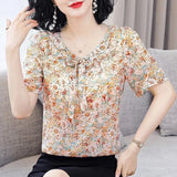 Amfeov-Women Spring Summer Style Chiffon Blouses Shirts Lady Casual Short Flare Sleeve Bow Tie Collar Chiffon Tops