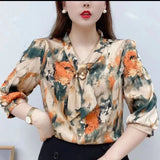 Amfeov-Women Spring Summer Style Chiffon Blouses Shirts Lady Casual Half Sleeve Bow Tie Collar Printed Blouses Tops