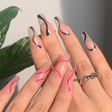 Amfeov 24pcs/set Long Stiletto Fake Nails Punk Snake Pattern Black White Matte False Nails Artificial Full Nail Tips Manicure Tools