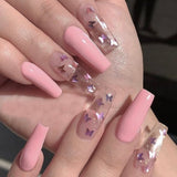 Amfeov Nail Inspo 2024 Summer 24Pcs/Box Long French False Nail Ballerina Fake Nails Pink Butterfly Pattern Square Nail Decal False Nails Press On Nail Tips