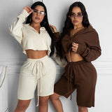 Amfeov-2 Pcs Women Solid Color Outfits Adults Casual Style Long Sleeve Stand Collar Crop Top + Shorts with Drawstring Trouser Clothes