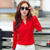 Amfeov-Long Sleeve Shirt Women Autumn Clothing Fashion Slim Chiffon Blouse V Neck Korean Elegant Ladies Office Shirts White Red