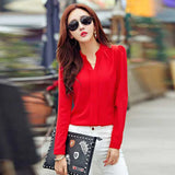 Amfeov-Long Sleeve Shirt Women Autumn Clothing Fashion Slim Chiffon Blouse V Neck Korean Elegant Ladies Office Shirts White Red