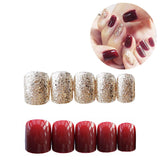 Amfeov Gorgeous Women Nail Art tools 24pcs/set Red Gold Cady Glitter Color  Fake Nails With Glue Short Full Nail Tips Hybrid Nail TY