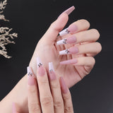 Amfeov Nail Inspo 2024 Summer 24Pcs/Box Long French False Nail Ballerina Fake Nails Pink Butterfly Pattern Square Nail Decal False Nails Press On Nail Tips