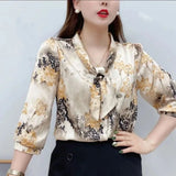 Amfeov-Women Spring Summer Style Chiffon Blouses Shirts Lady Casual Half Sleeve Bow Tie Collar Printed Blouses Tops