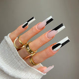 Amfeov 24pcs/set Long Stiletto Fake Nails Punk Snake Pattern Black White Matte False Nails Artificial Full Nail Tips Manicure Tools