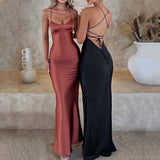 pink dress Women's Sexy Sling Satin Dress Autumn New Fashion Backless Lace-up Waist Dress